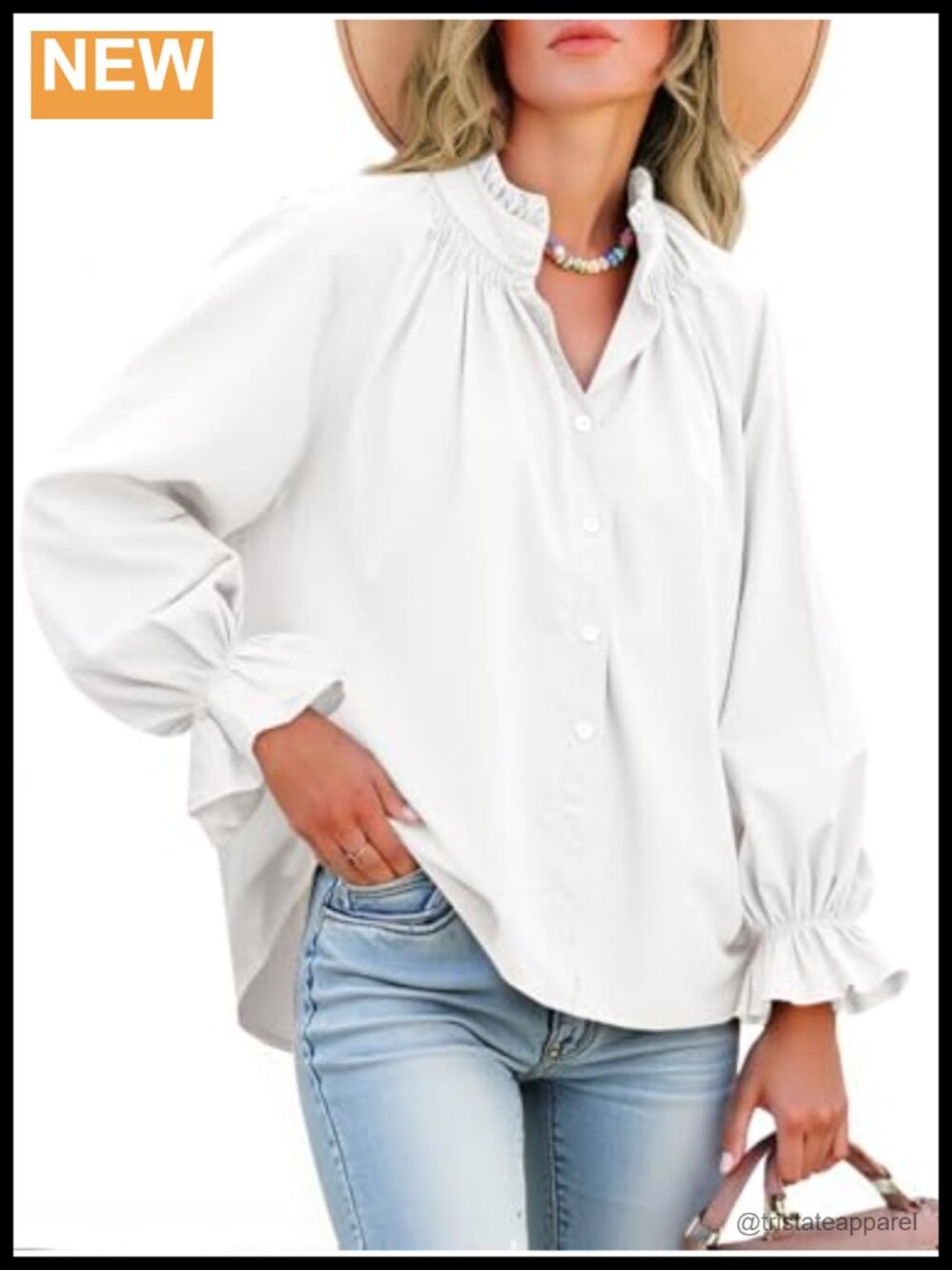 Cotton Puff Long Sleeve Button Down Blouse V-Neck Ruffle Tunic Top